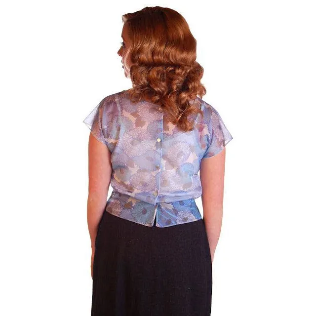 Vintage Blouse Sheer Blue Nylon  W/ Peplum 1950S 34" Bust