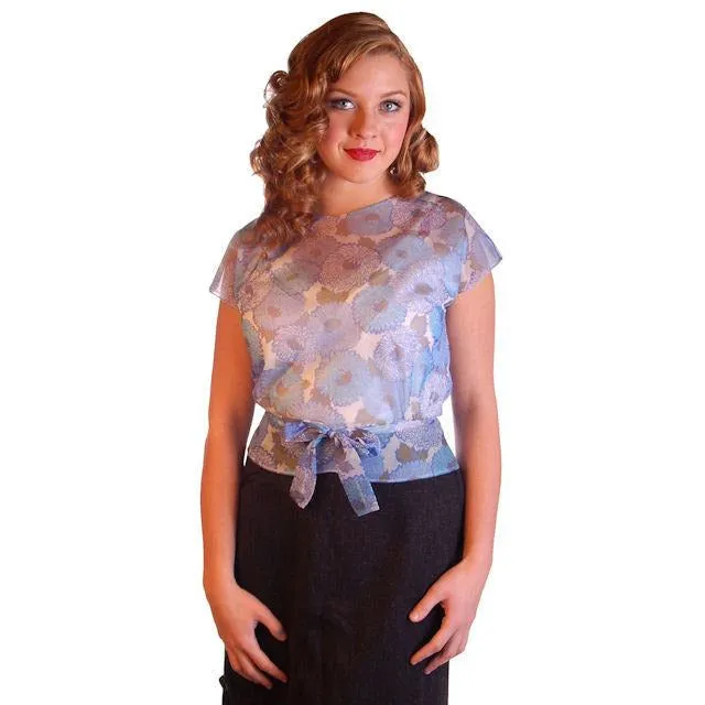 Vintage Blouse Sheer Blue Nylon  W/ Peplum 1950S 34" Bust