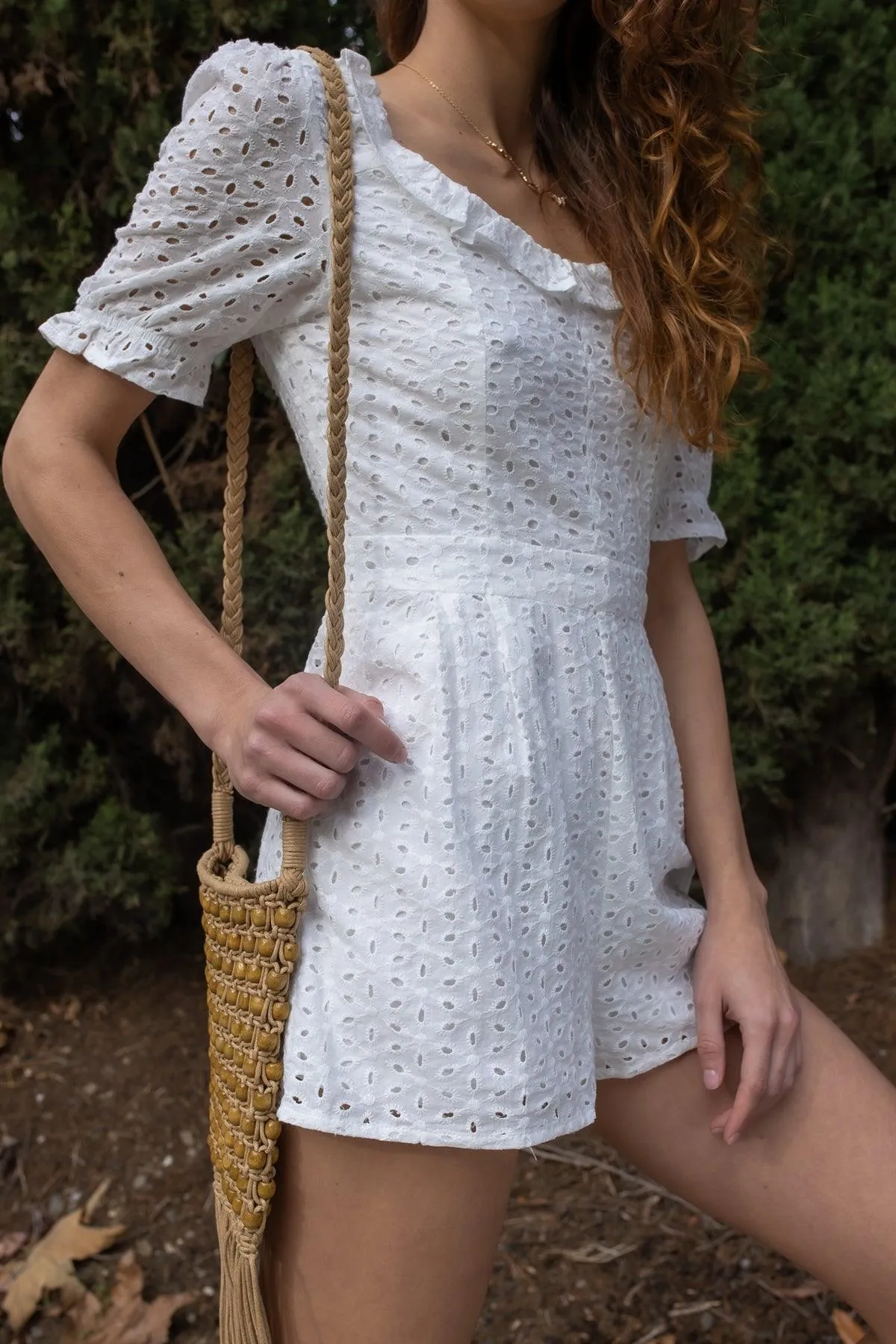 White Cotton Embroidered Ruffled Collar Short Puff Sleeve Romper /1-2-1