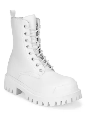 White PU Lace Up Combat Ankle Boots