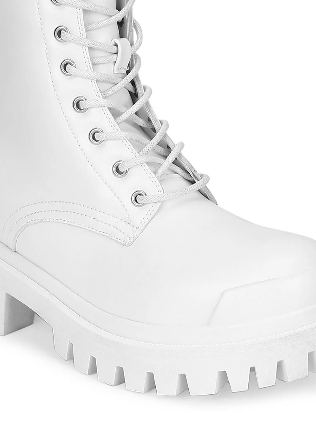 White PU Lace Up Combat Ankle Boots