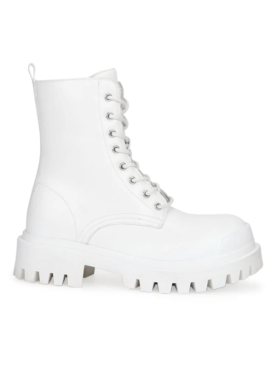 White PU Lace Up Combat Ankle Boots