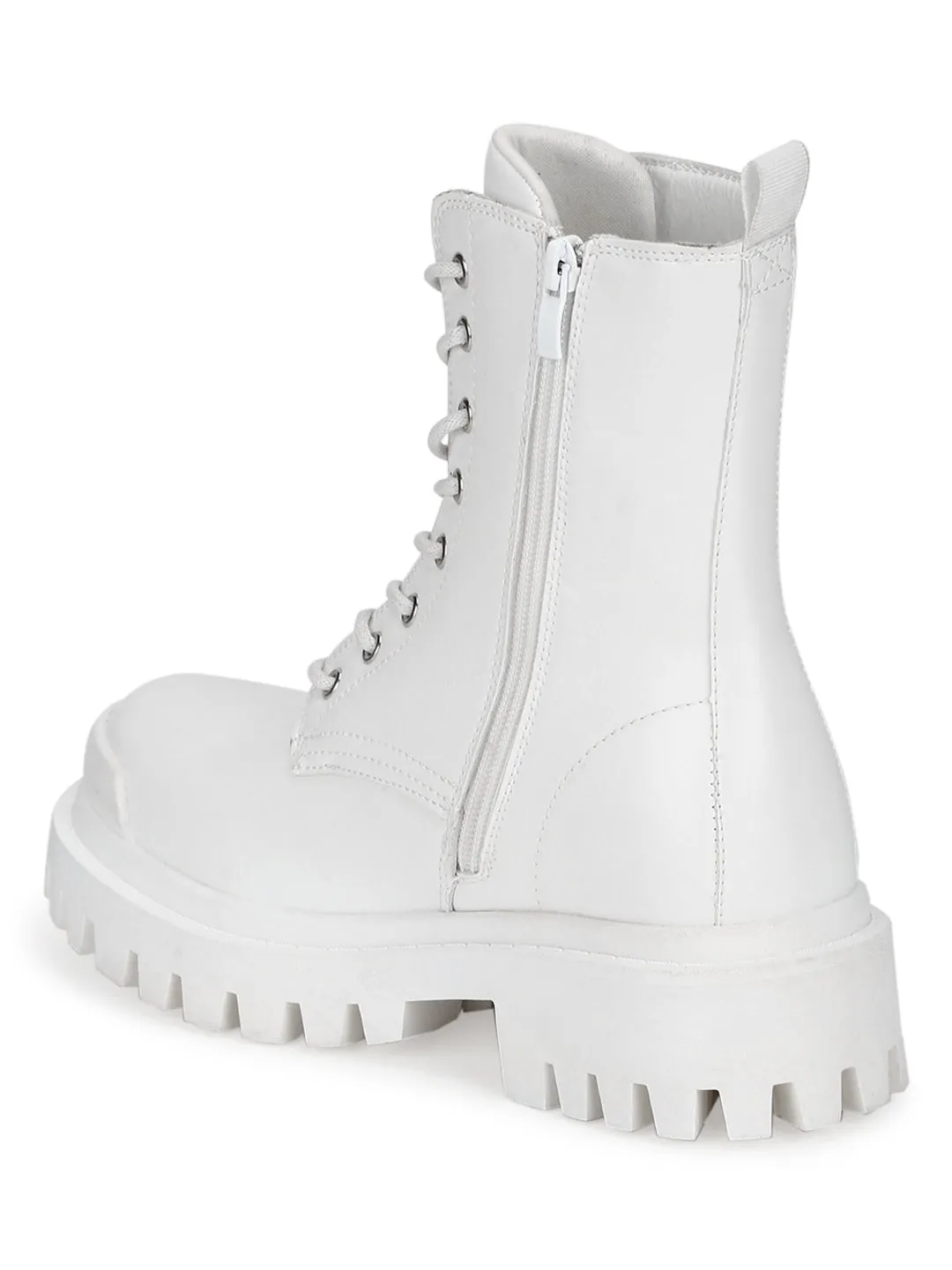 White PU Lace Up Combat Ankle Boots