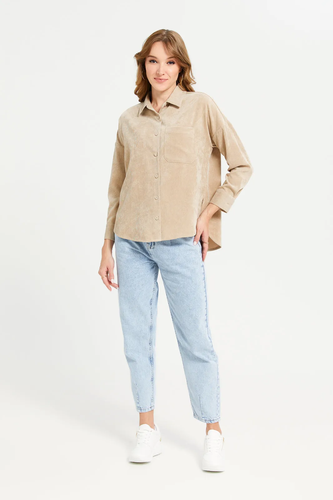 Women Beige Corduroy Button Down Shirt