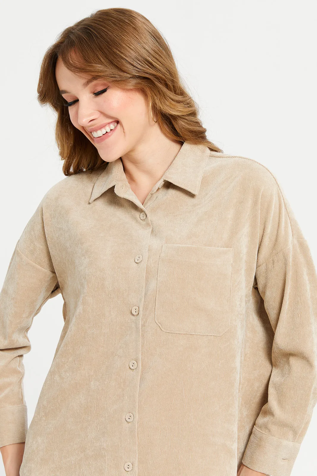 Women Beige Corduroy Button Down Shirt