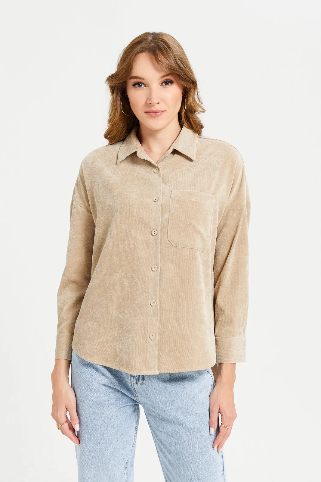 Women Beige Corduroy Button Down Shirt