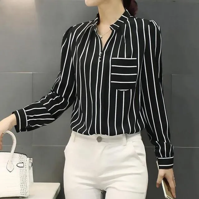 Women Blouses Plus Size Striped Blouses Chiffon Casual Shirt