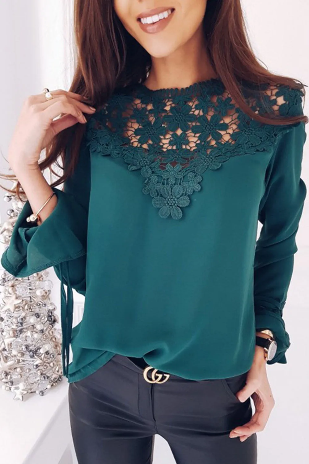 Women Dazzling Stitched Floral Lace Trumpet Sleeve Round Neck Comforatble & Fashionable Blouse - WSB117650