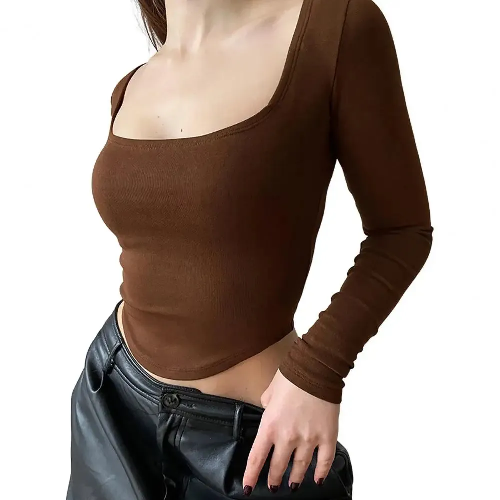 Women U-Neck Sleeves Solid Color Skinny Navel Crop Top